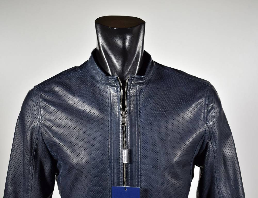 Talenti Giubbino corto talenti in pelle traforata blu slim fit Super sconto