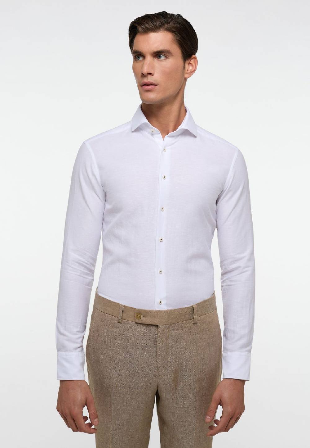 Eterna Camicia eterna slim fit bianca lino e cotone collo alla francese
