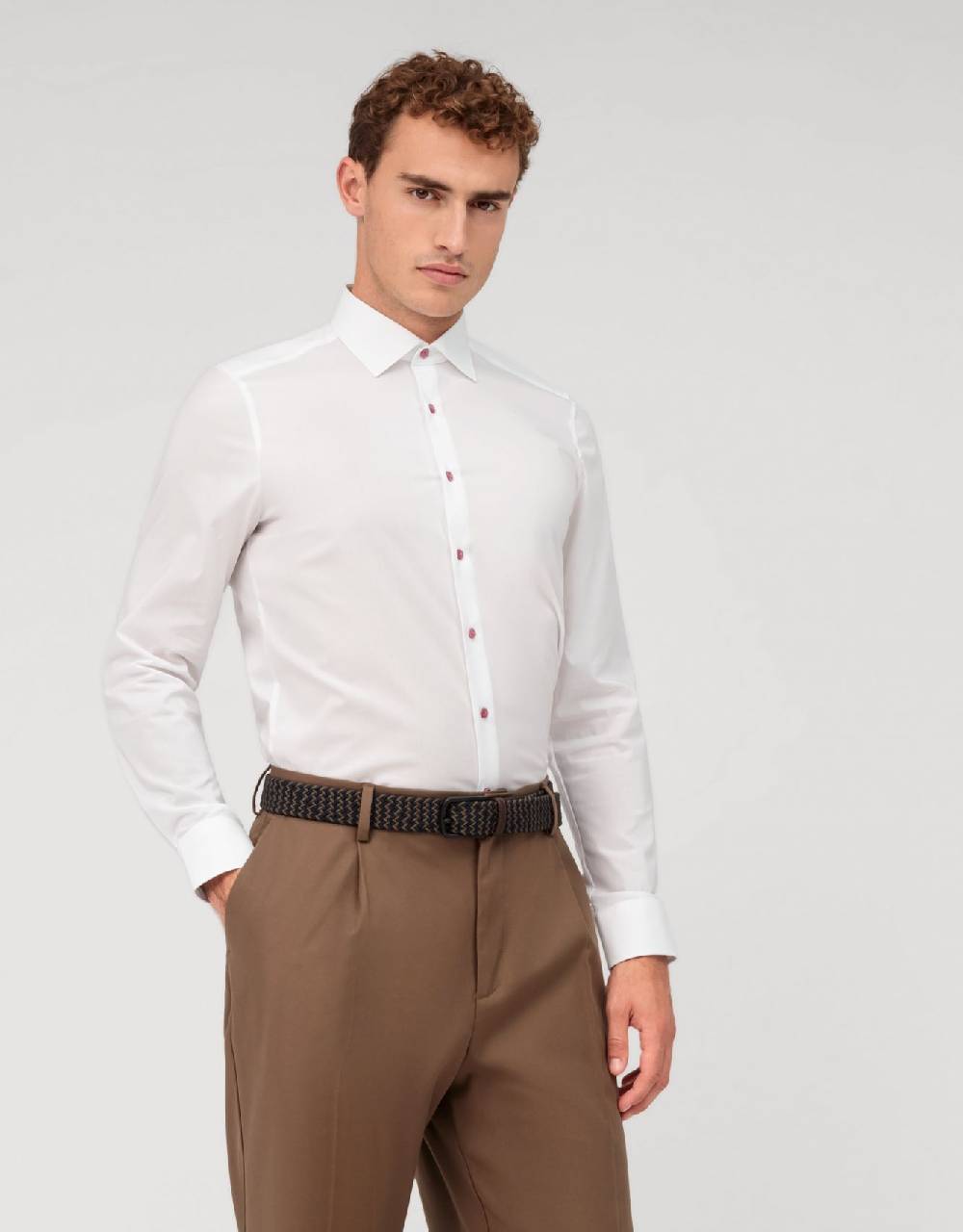 Olymp Camicia olymp bianca slim fit con bottoni malva Flash Sale