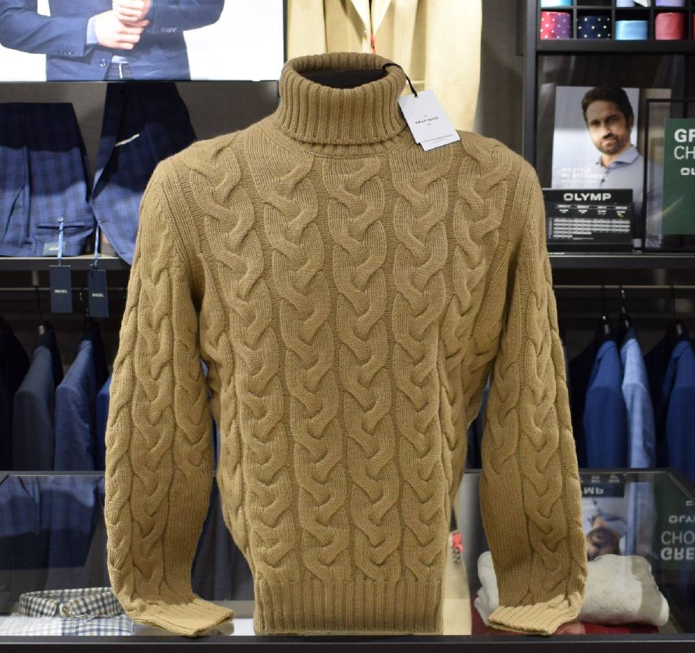 Gran Sasso Dolcevita a trecce cammello lana super geelong air wool Saldi Di Fabbrica