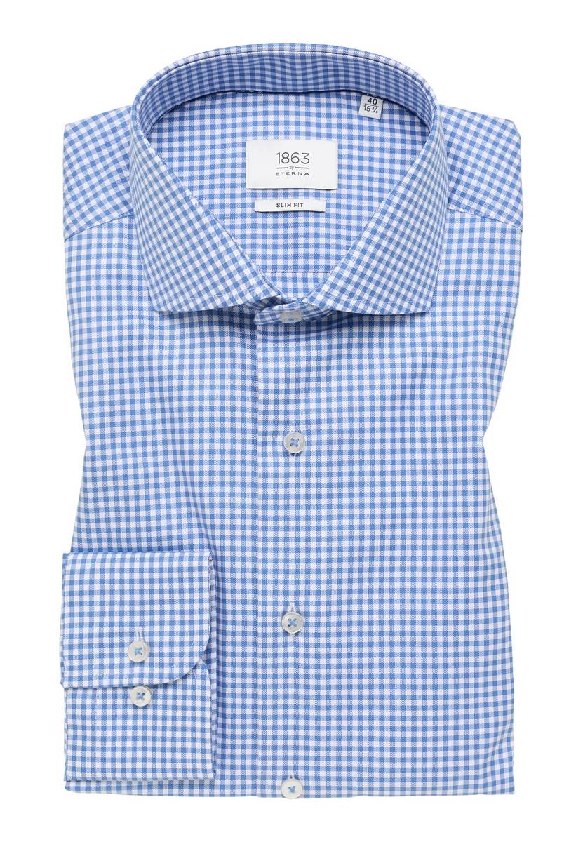 Eterna Camicia a quadretti azzurro eterna slim fit in cotone twill no stiro Italy