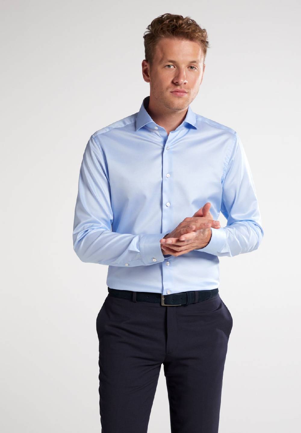Eterna Camicia celeste eterna slim fit in cotone twill no stiro