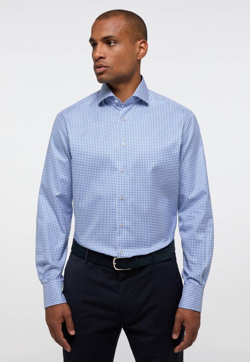 Eterna Camicia eterna a quadretti celeste modern fit in cotone twill no stiro