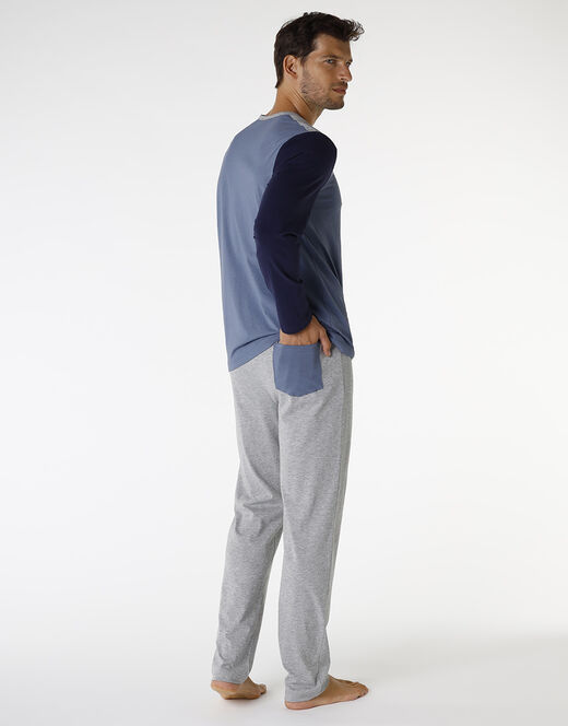 Lovable Piagiama lungo in cotone, blu polvere, blu navy e grigio melange Affare Del Giorno