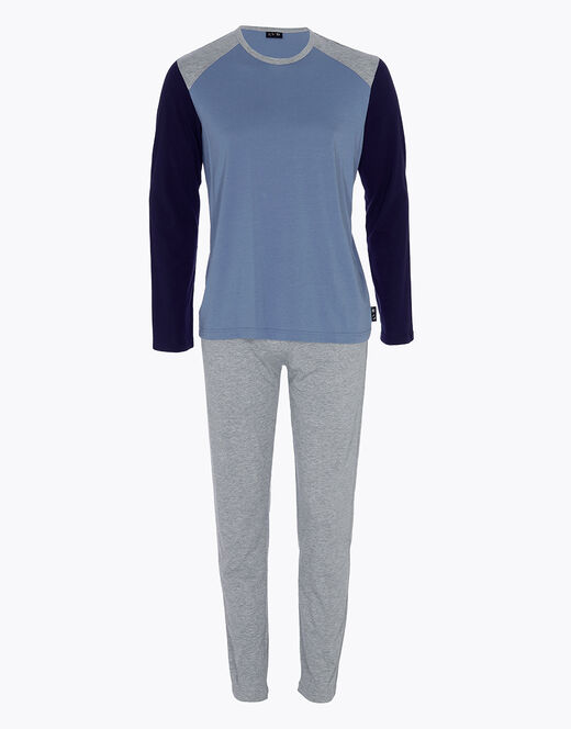 Lovable Piagiama lungo in cotone, blu polvere, blu navy e grigio melange Affare Del Giorno