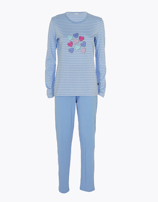 Lovable Pigiama lungo chiuso in jersey di cotone, azzurro a righe con stampa Offerte