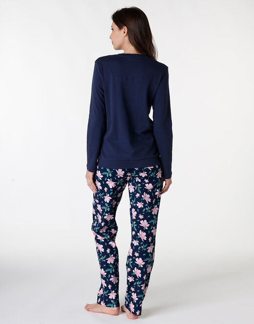 Lovable Pigiama lungo in interlock di cotone, blu con stampa floreale Hotsell