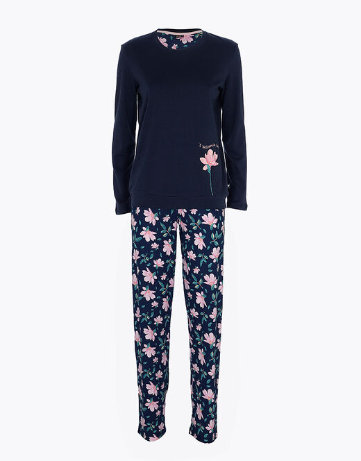 Lovable Pigiama lungo in interlock di cotone, blu con stampa floreale Hotsell