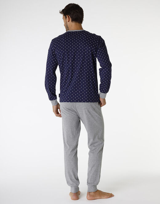 Lovable Pigiama lungo in jersey di cotone, blu navy con motivo geometrico In Linea