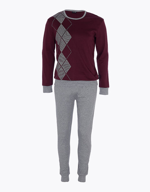 Lovable Pigiama lungo in interlock di cotone, bordeaux e grigio melange Negozi Online