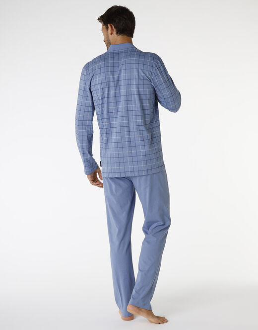 Lovable Pigiama lungo in cotone, blu polvere con stampa a riquadri Consegna Veloce