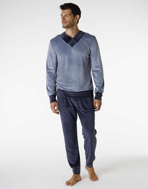 Lovable Pigiama lungo in ciniglia, blu polvere e blu navy Economico