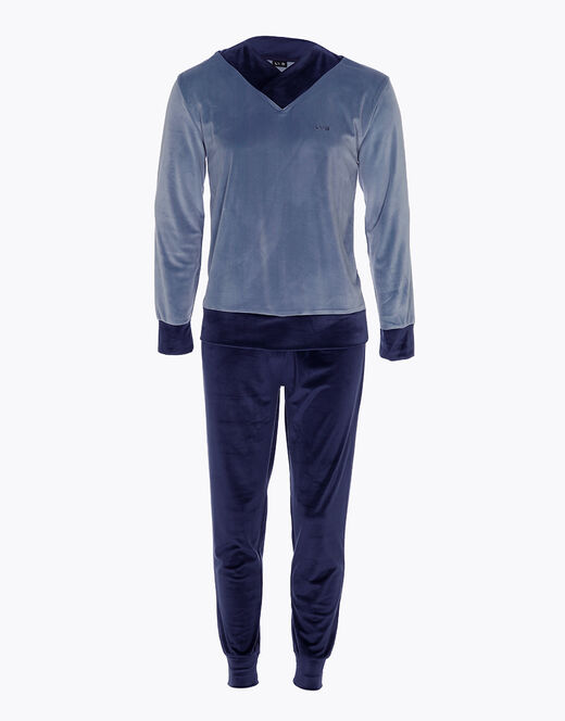 Lovable Pigiama lungo in ciniglia, blu polvere e blu navy Economico