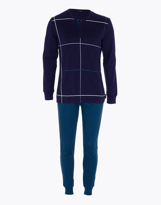 Lovable Pigiama lungo in interlock di cotone, blu navy con stampa a quadri In Vendita