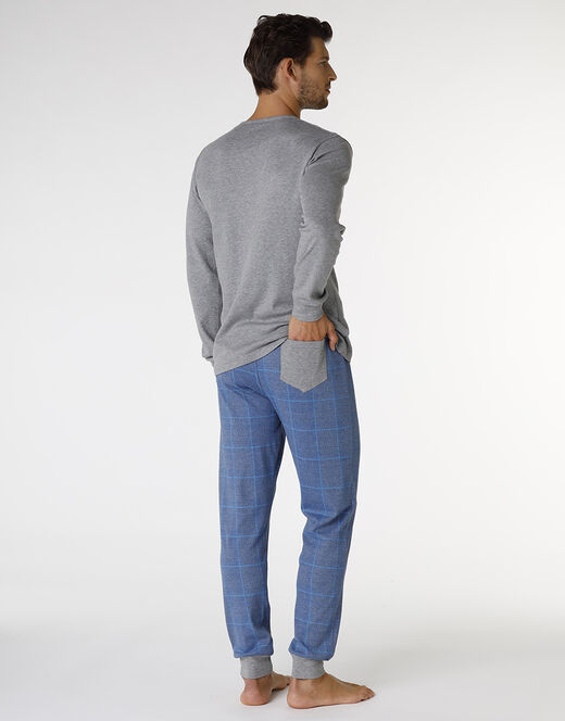 Lovable Pigiama lungo in interlock di cotone, grigio melage scuro e blu polvere con stampa Negozi Online