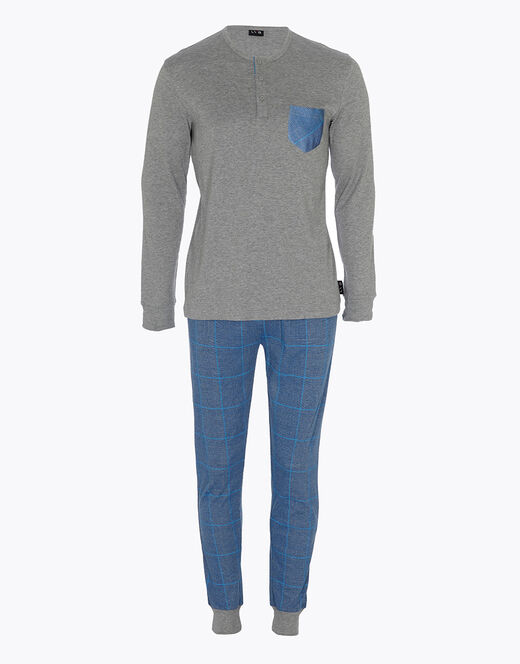 Lovable Pigiama lungo in interlock di cotone, grigio melage scuro e blu polvere con stampa Negozi Online