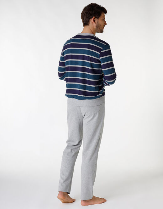 Lovable Pigiama lungo a righe in cotone, grigio melange e blu Presa