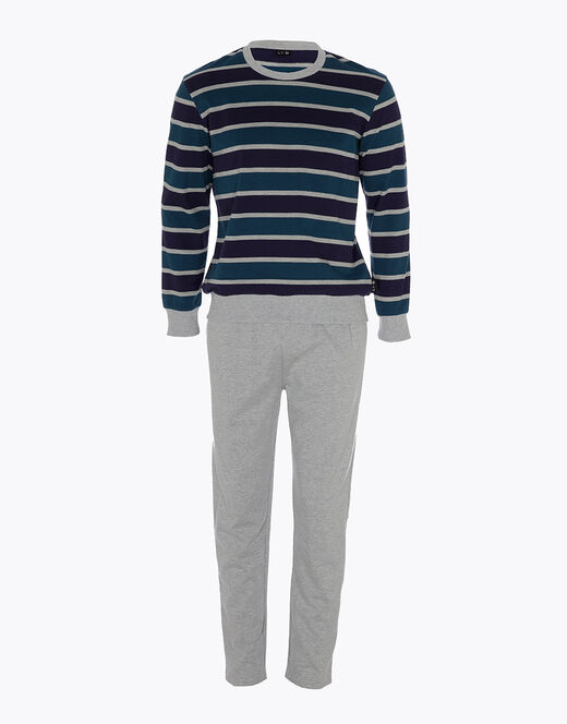 Lovable Pigiama lungo a righe in cotone, grigio melange e blu Presa