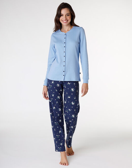 Lovable Pigiama lungo aperto in interlock di cotone, azzurro con stampa Vendita Calda