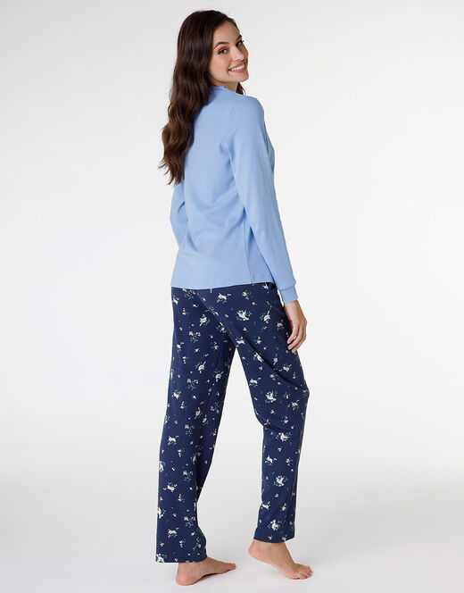 Lovable Pigiama lungo aperto in interlock di cotone, azzurro con stampa Vendita Calda