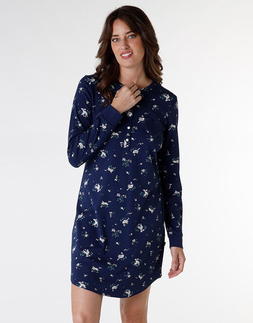 Lovable Camicia da notte in interlock di cotone, blu stampato In Vendita