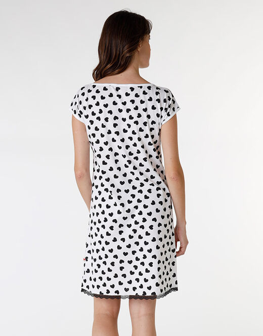 Lovable Camicia da notte in jersey di cotone, stampa cuori neri su sfondo bianco Vendita Calda