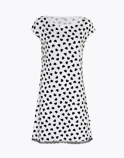 Lovable Camicia da notte in jersey di cotone, stampa cuori neri su sfondo bianco Vendita Calda