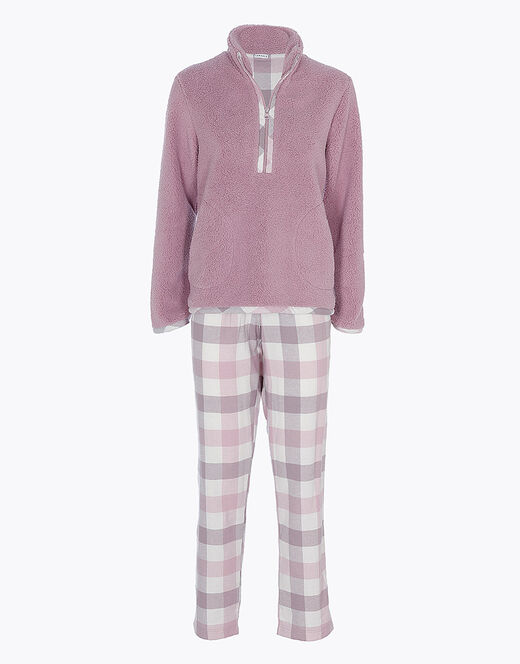 Lovable Pigiama lungo con pelliccetta agnellata e flanella, rosa e grigio I Più Venduti