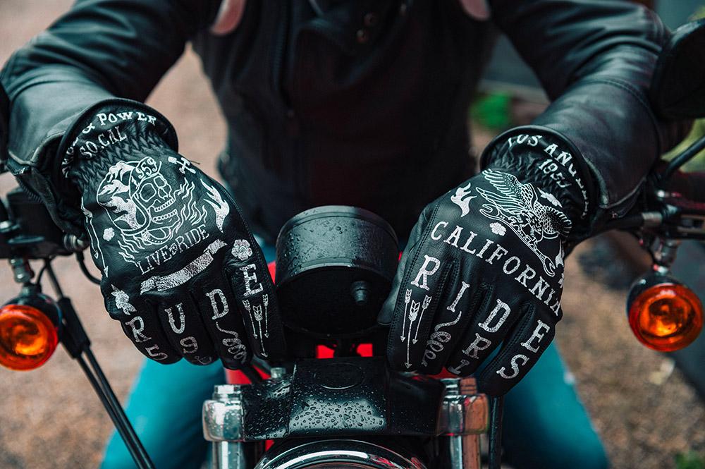 Rude Riders Guanti moto in pelle Tattoo Black Spedizione Gratuita