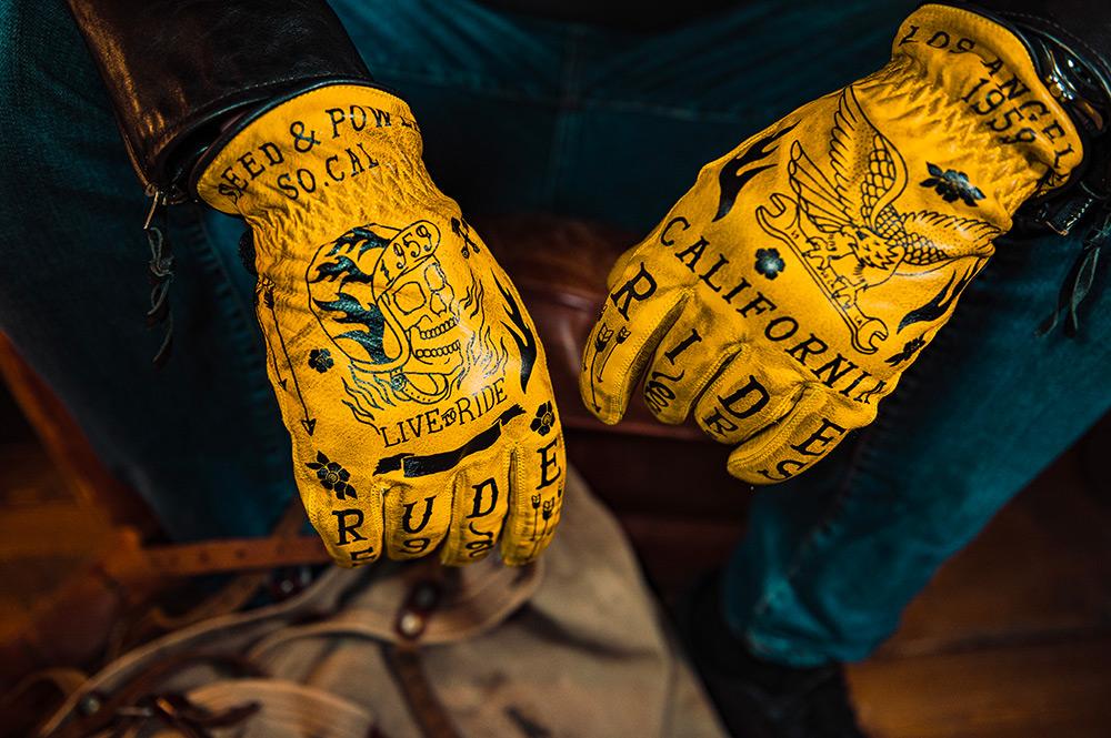 Rude Riders Guanti moto in pelle Tattoo Yellow Pezzi Unici