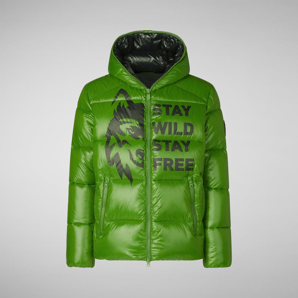 Save the duck PIUMINO ANIMAL FREE CON CAPPUCCIO UOMO EVANDER STAMPA SU SFONDO VERDE Presa