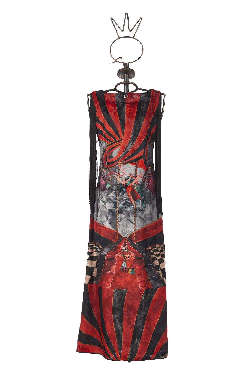 Save The Queen vestito lungo in tessuto devorè con stampa dedicata al Circo Saldi Di Fabbrica