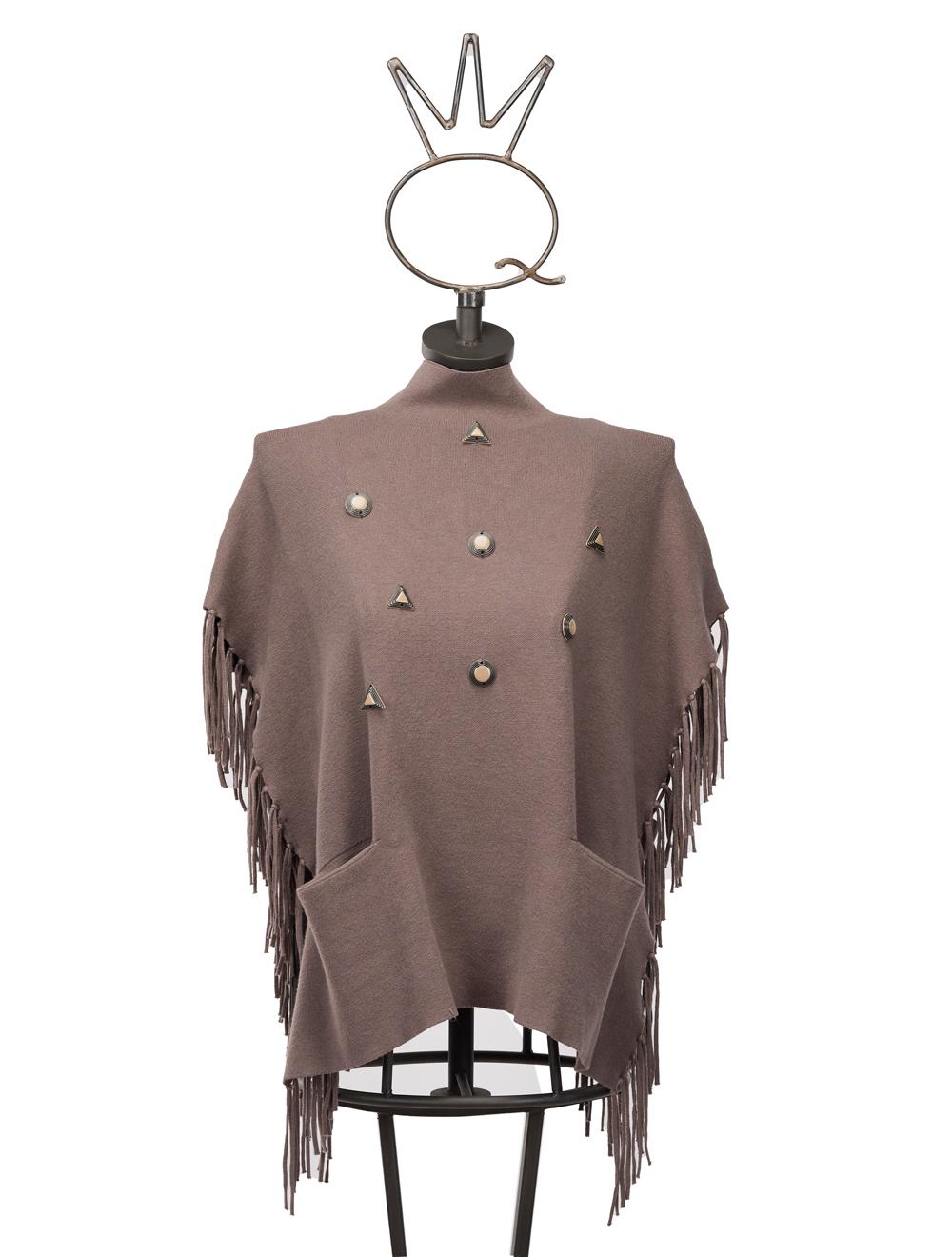 Save The Queen Maglia poncho color tortora in viscosa con applicazioni In Saldo