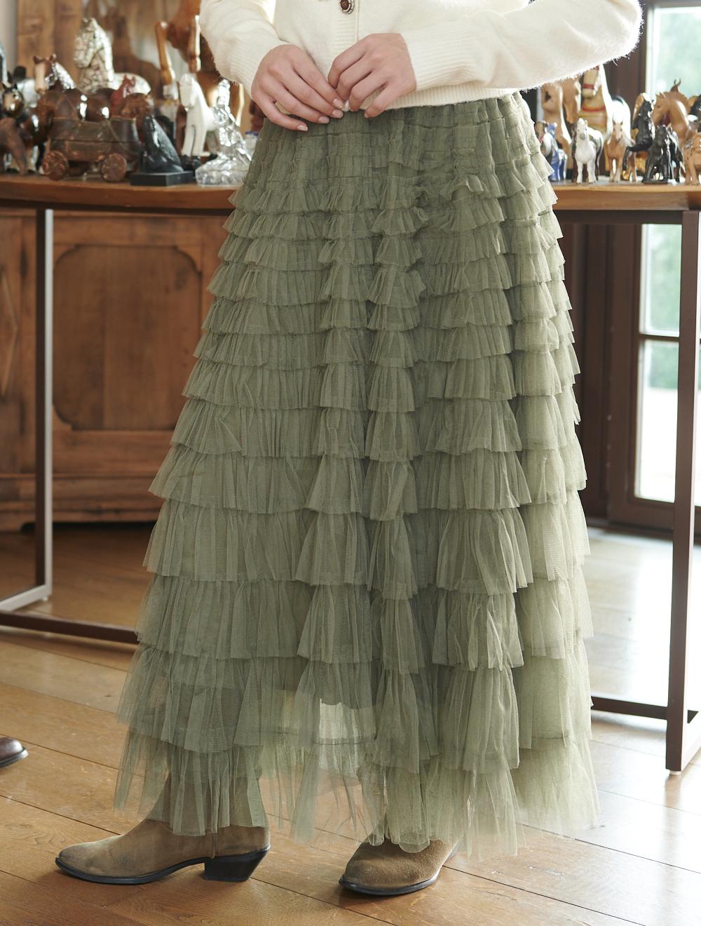 Save The Queen Gonna lunga a balze in tulle verde militare Offerta
