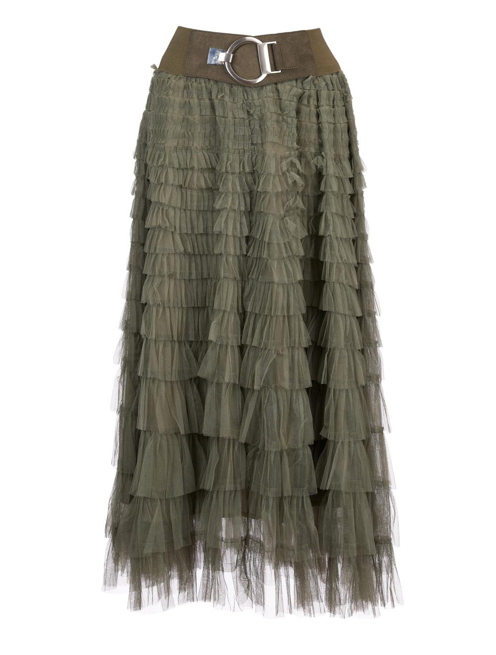 Save The Queen Gonna lunga a balze in tulle verde militare Offerta