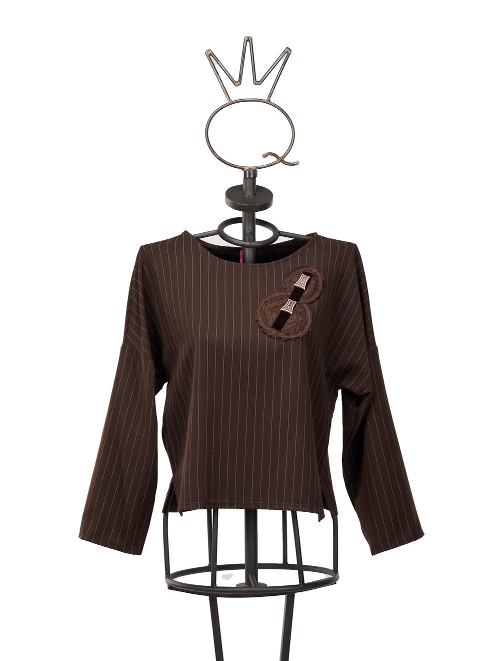 Save The Queen Blusa marrone in tessuto gessato con applicazione Hotsell