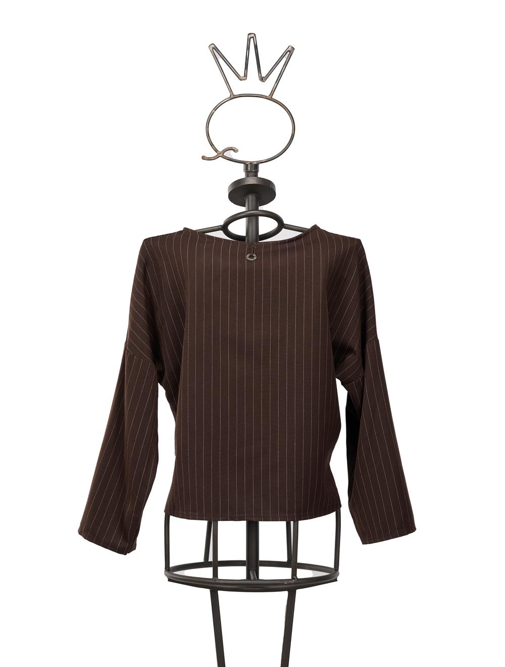 Save The Queen Blusa marrone in tessuto gessato con applicazione Hotsell