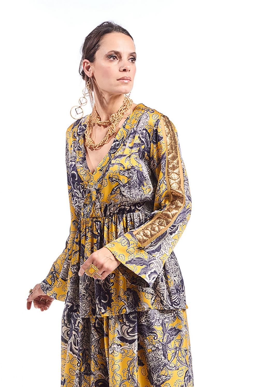 Save The Queen Blusa in raso con stampa rinascimentale Vendita Economica