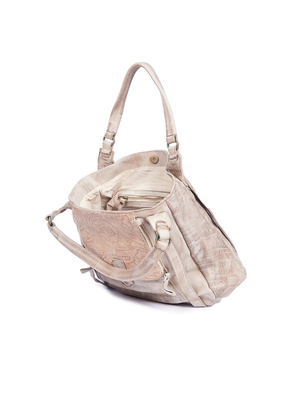 Save The Queen Borsa media in pelle lavorata beige Sottocosto