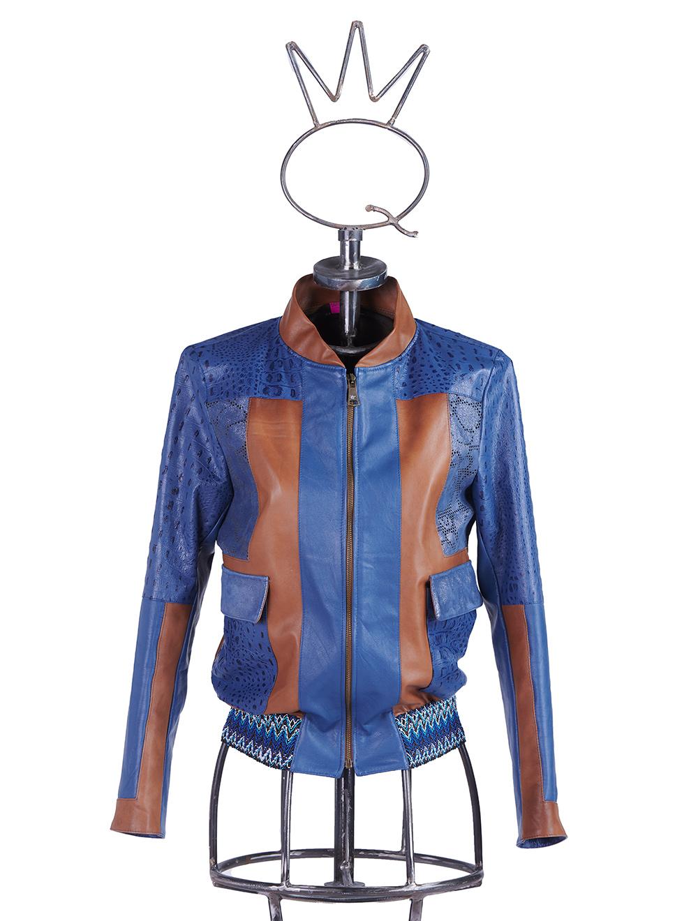 Save The Queen Giubbotto in pelle blu denim e color cognac lavorato ad intarsi Vendite Flash