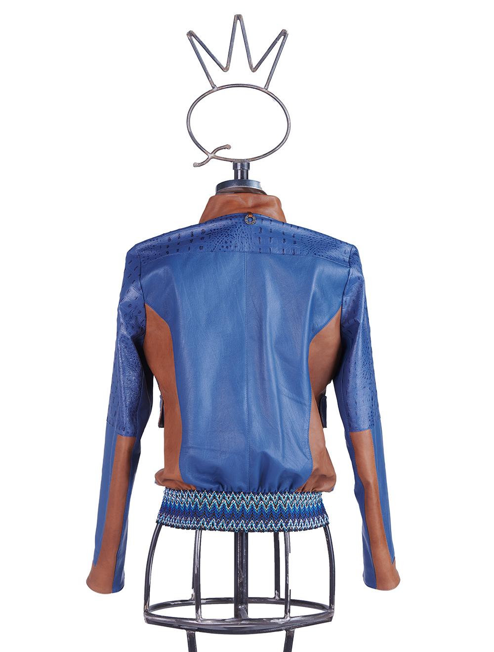 Save The Queen Giubbotto in pelle blu denim e color cognac lavorato ad intarsi Vendite Flash
