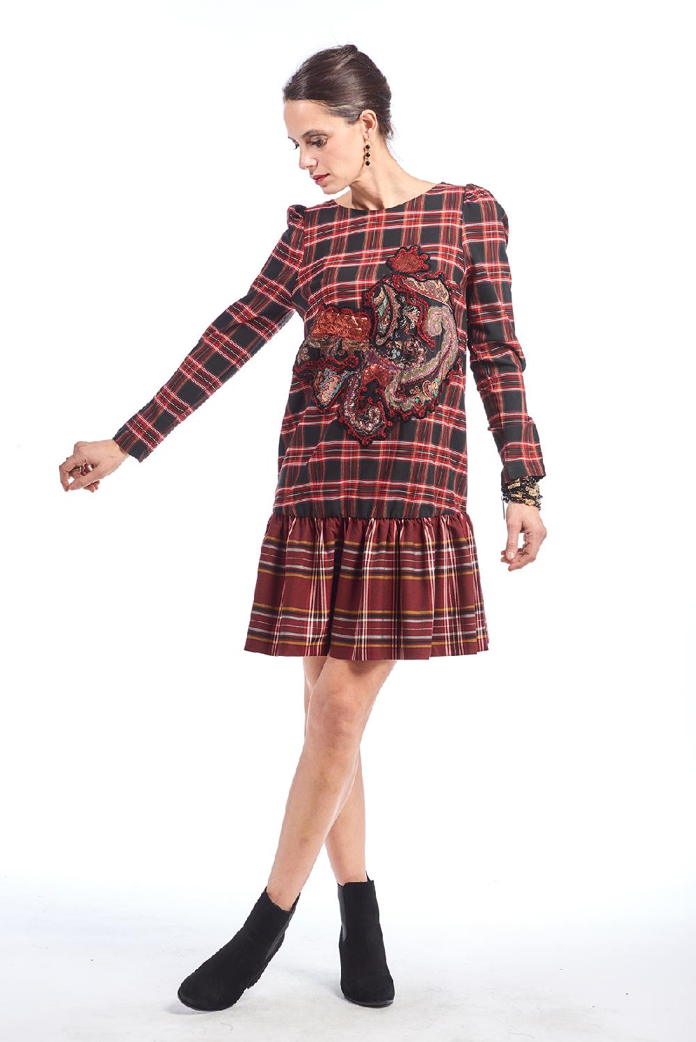 Save The Queen vestito corto in tessuto tartan con ricamo Italy