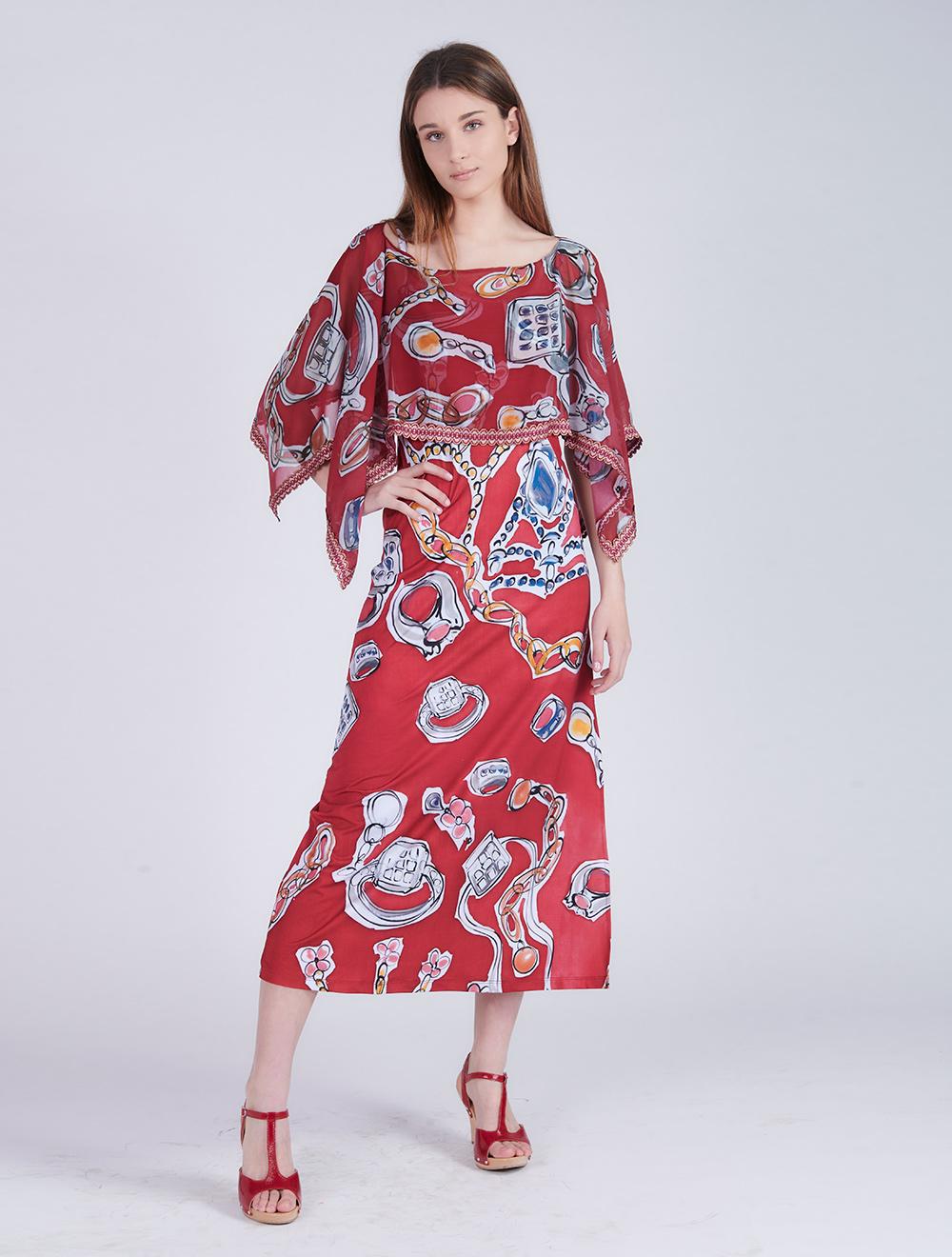 Save The Queen Vestito lungo con stampa “anelli” e poncho in chiffon Moda