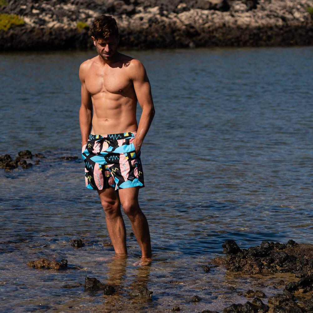 Seay / Swim Boxer Medio Nero Stampa Macro 80s In Vendita