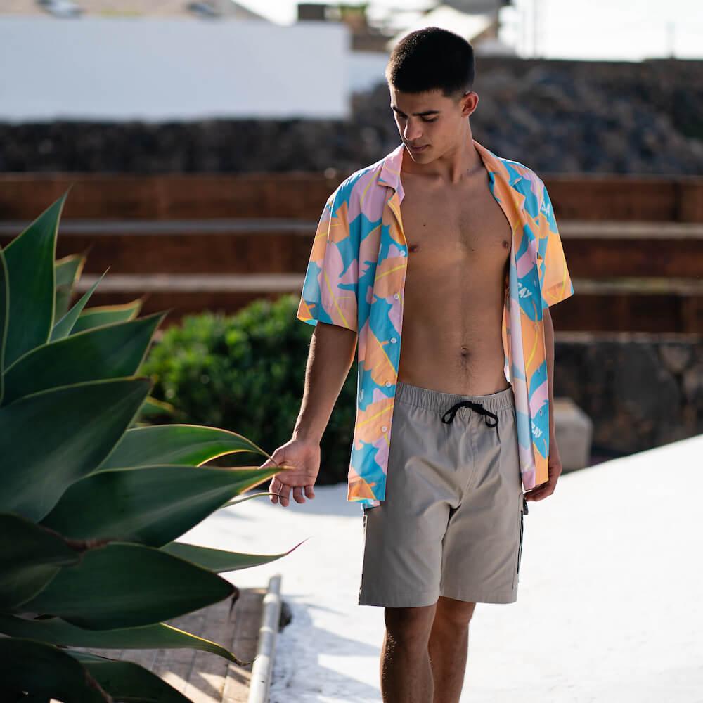 Seay / Camicia Hawaiana Rosa Blu Foglie Banano Vendita