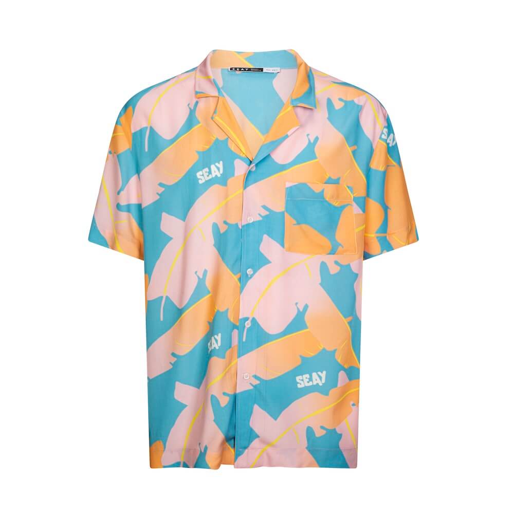 Seay / Camicia Hawaiana Rosa Blu Foglie Banano Vendita