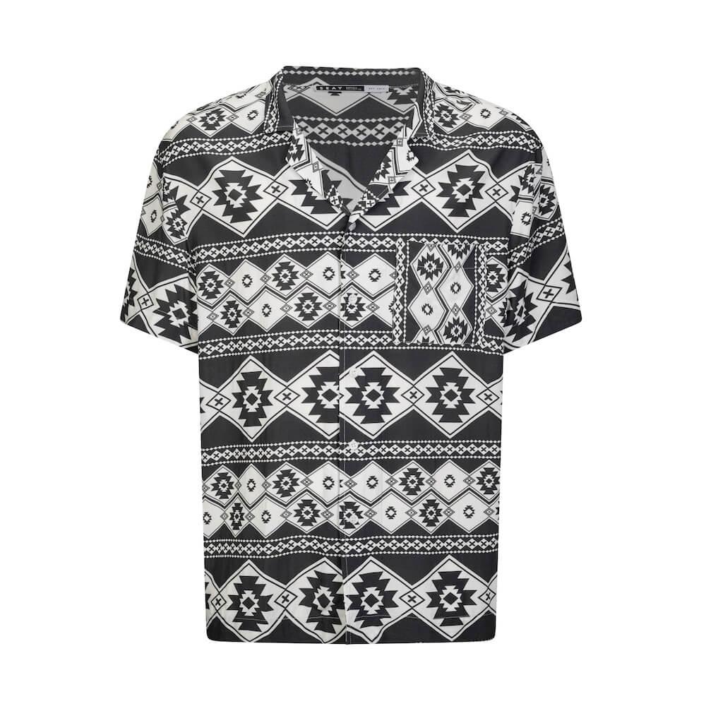 Seay / Camicia Hawaiana Bianco Nera Stampa Nativa Promozione