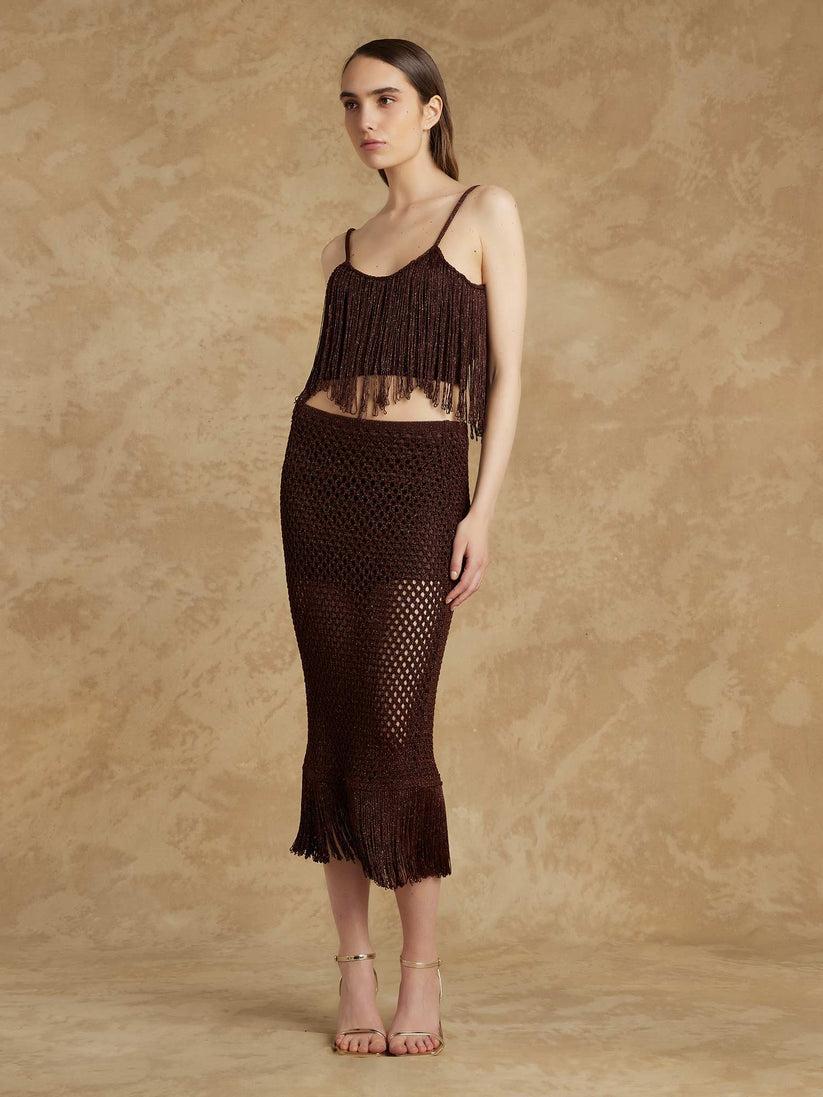Space Simona Corsellini Gonna midi in lurex crochet e frangia Italia
