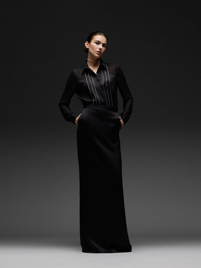 Space Simona Corsellini Camicia smoking in raso con inserti di strass Promozione Limitata