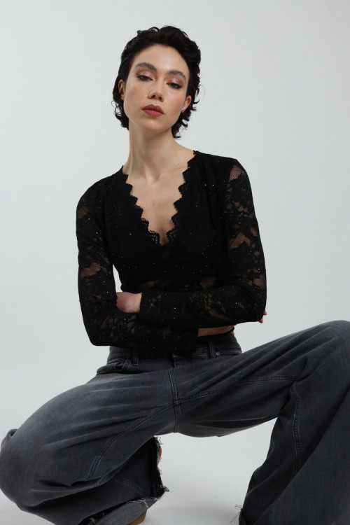 Susy Mix Maglia Pizzo Scollo V con Paillettes Pezzi Unici